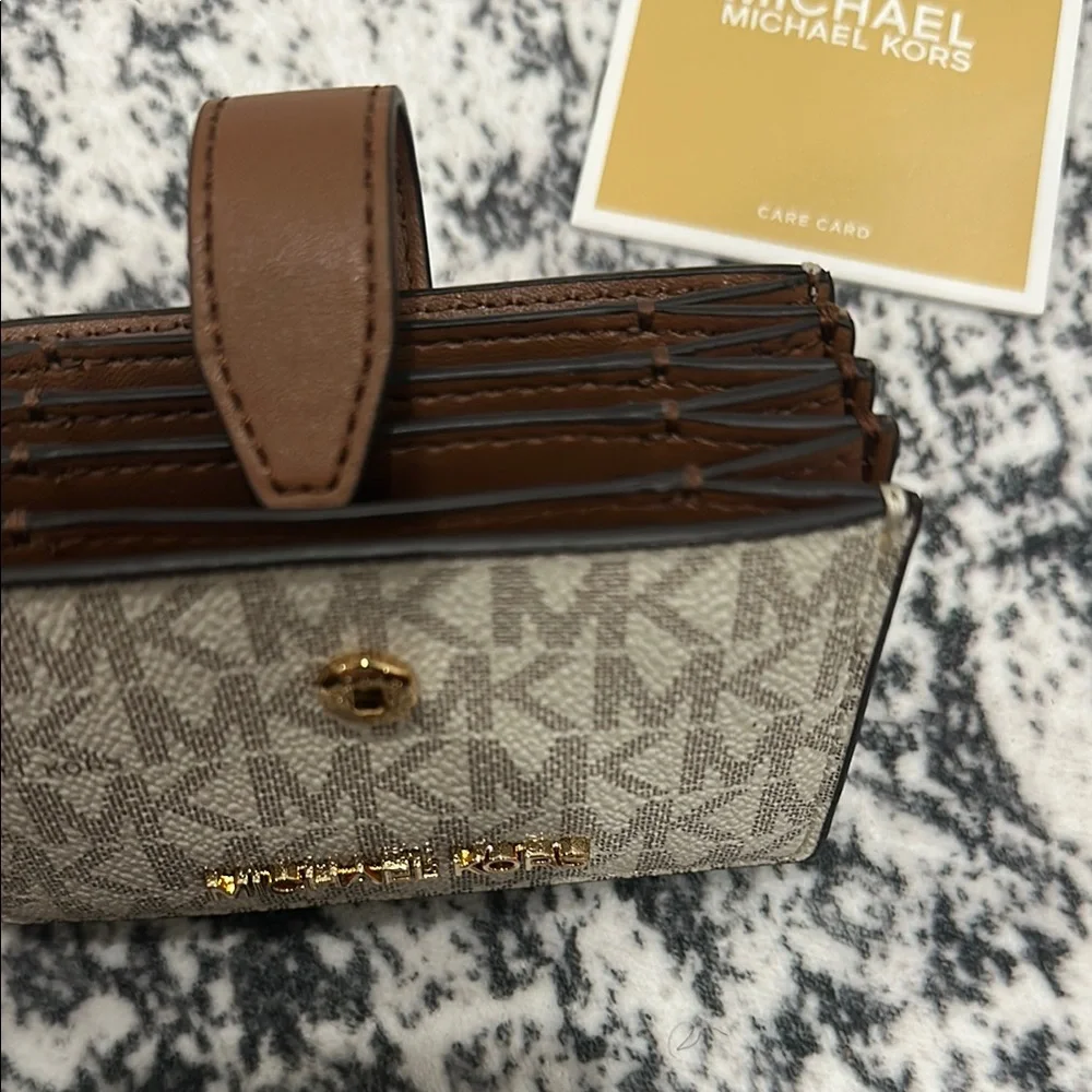 Michael Kors Cream and Brown Logo Card Case Wallet